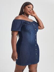 Vestido mezclilla ajustado de hombros descubiertos con bolsillo con solapa - Azul lavado oscuro - Ver 3