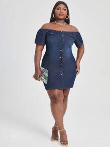 Vestido mezclilla ajustado de hombros descubiertos con bolsillo con solapa - Azul lavado oscuro - Ver 4