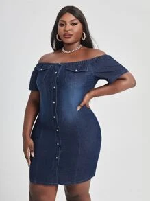 Vestido mezclilla ajustado de hombros descubiertos con bolsillo con solapa - Azul lavado oscuro - Ver 5