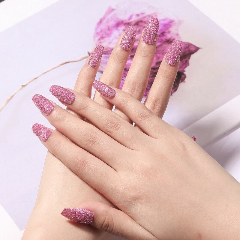 

24pcs Glitter Fake Nail & 1sheet Tape & 1pc Nail File, Hot pink