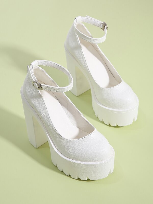Round Toe Chunky Heeled Ankle Strap Pumps, Stylish White Solid Color
