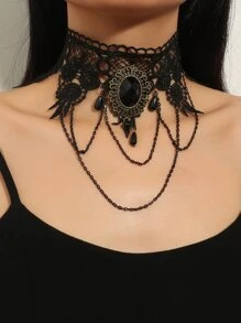 Dây chuyền trang trí ren choker - màu đen - Xem 1