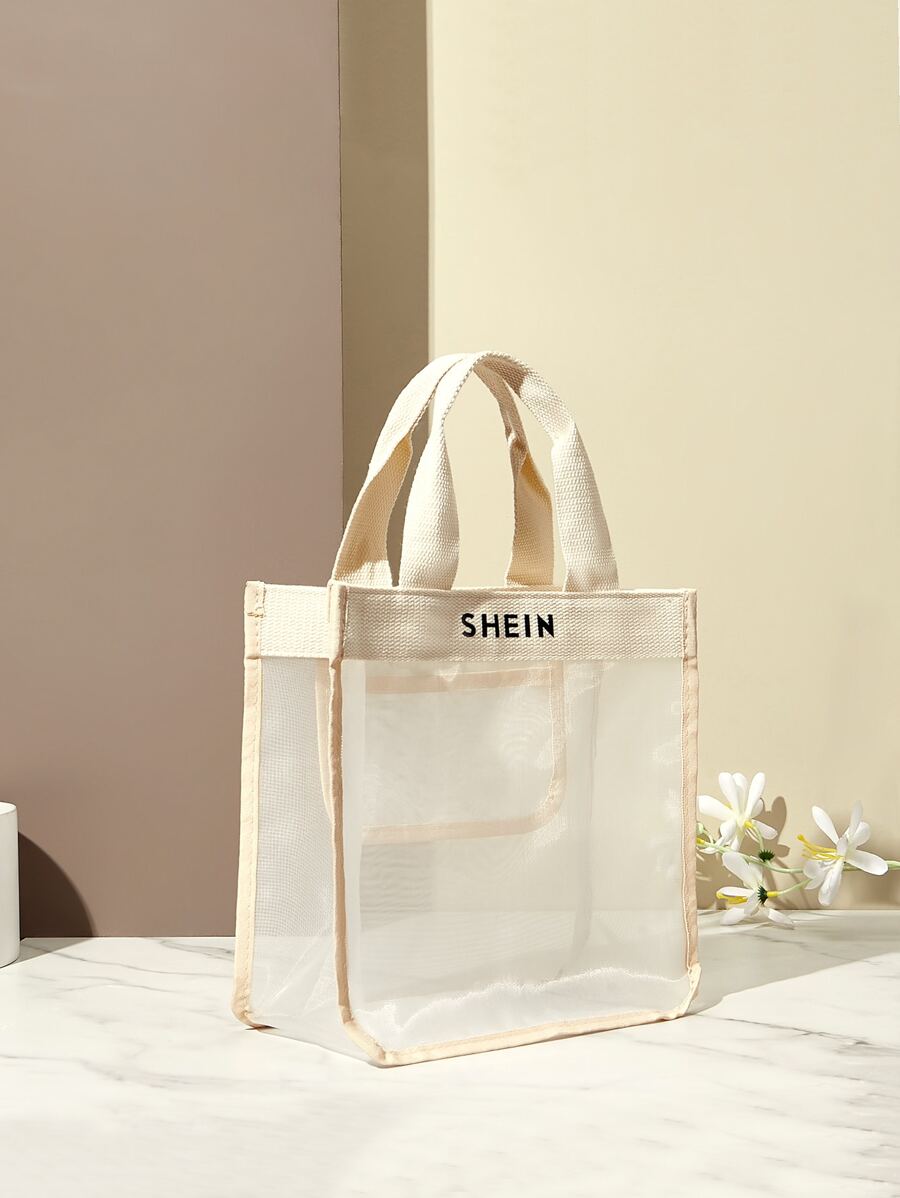 SHEIN Letter Graphic Mesh Tote Bag - Beige - View 1