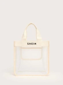 SHEIN Letter Graphic Mesh Tote Bag - Beige - View 3