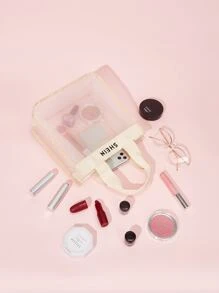 SHEIN Letter Graphic Mesh Tote Bag - Beige - View 2