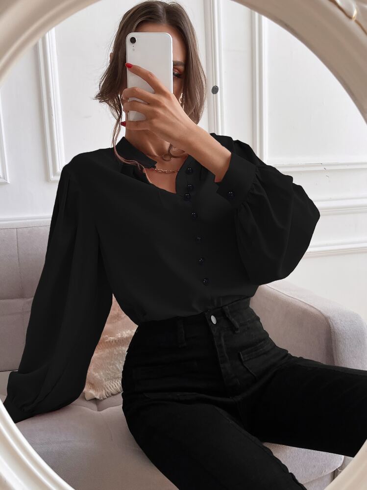 Chiquease Blusa con mangas de obispo y abotonadura, Blusas de manga larga - Negro - Añade 4