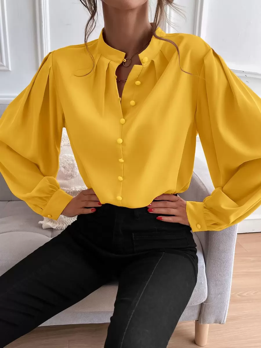 SHEIN Frenchy Bishop Sleeve Button Up Blouse Winter Elegant - Yellow - View 1