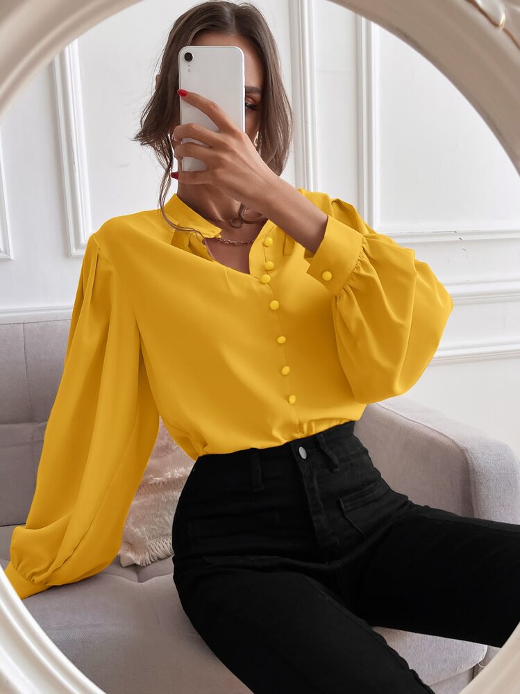 SHEIN Frenchy Blusa de manga obispo con botón - Amarillo - Añade 3