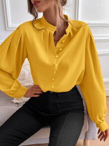 SHEIN Frenchy Bishop Sleeve Button Up Blouse Winter Elegant - Yellow - View 4
