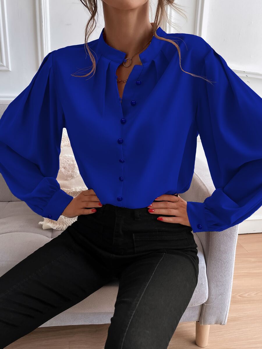 Chiquease Bishop Sleeve Button Up Blouse,Long Sleeve Tops Fall Cloth For Women - Royal Blue - View 1