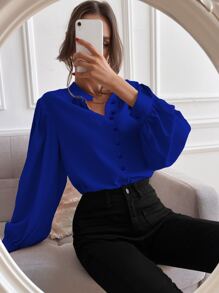 Chiquease Bishop Sleeve Button Up Blouse,Long Sleeve Tops Fall Cloth For Women - Royal Blue - View 3