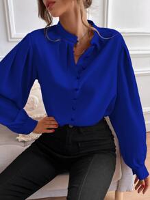 Chiquease Bishop Sleeve Button Up Blouse,Long Sleeve Tops Fall Cloth For Women - Royal Blue - View 4