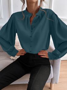 Chiquease Bishop Sleeve Button Up Blouse - Green - View 1