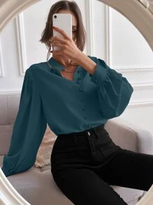 Chiquease Bishop Sleeve Button Up Blouse - Green - View 4