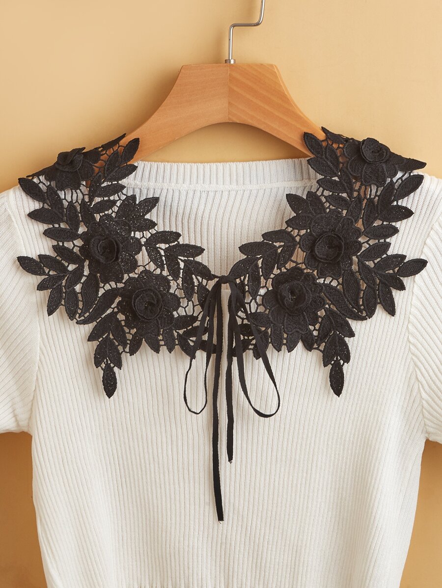 1入花與葉子細節式襯衫插領,中空優雅純色,適用於衣裙裝飾 - 黑色 - 查看 1