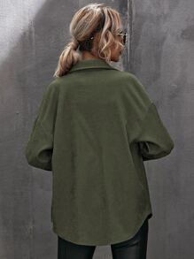 SHEIN LUNE Corduroy Curved Hem Drop Shoulder Blouse Women Shirt,Long Sleeve Tops Fall Cloth For Women - Army Green - View 2