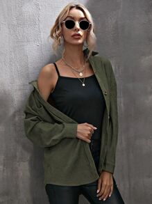 SHEIN LUNE Corduroy Curved Hem Drop Shoulder Blouse Women Shirt,Long Sleeve Tops Fall Cloth For Women - Army Green - View 3