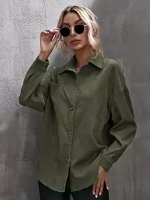 SHEIN LUNE Corduroy Curved Hem Drop Shoulder Blouse Women Shirt,Long Sleeve Tops Fall Cloth For Women - Army Green - View 4