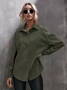 SHEIN LUNE Corduroy Curved Hem Drop Shoulder Blouse Women Shirt,Long Sleeve Tops Fall Cloth For Women - Army Green - View 5