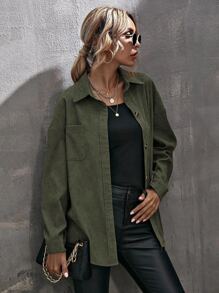 SHEIN LUNE Corduroy Curved Hem Drop Shoulder Blouse Women Shirt,Long Sleeve Tops Fall Cloth For Women - Army Green - View 6