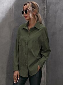 SHEIN LUNE Corduroy Curved Hem Drop Shoulder Blouse Women Shirt,Long Sleeve Tops Fall Cloth For Women - Army Green - View 7