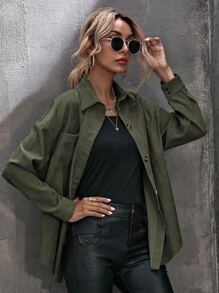 SHEIN LUNE Corduroy Curved Hem Drop Shoulder Blouse Women Shirt,Long Sleeve Tops Fall Cloth For Women - Army Green - View 8