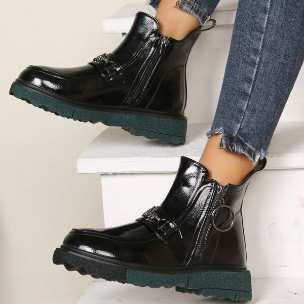 

Rhinestone Decor Side Zipper Boots, Black