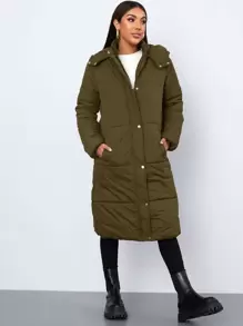 SHEIN 按扣拉链连帽夹棉大衣 - 軍綠色 - 查看 1