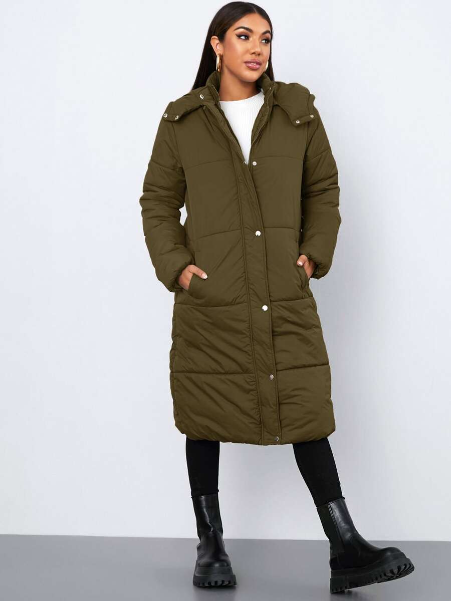 SHEIN 按扣拉链连帽夹棉大衣 - 軍綠色 - 查看 1