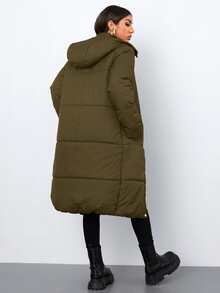 SHEIN 按扣拉链连帽夹棉大衣 - 軍綠色 - 查看 2