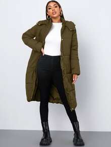 SHEIN 按扣拉链连帽夹棉大衣 - 軍綠色 - 查看 3