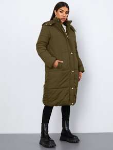 SHEIN 按扣拉链连帽夹棉大衣 - 軍綠色 - 查看 4