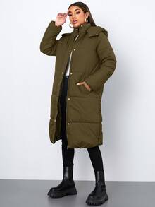 SHEIN 按扣拉链连帽夹棉大衣 - 軍綠色 - 查看 5