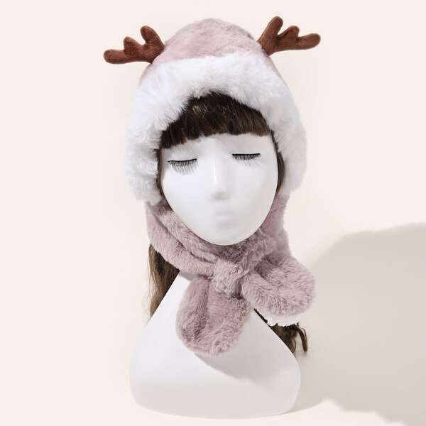 

Antlers Decor Fuzzy Hat With Scarf, Dusty pink