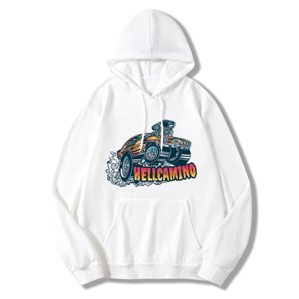 

Men Car And Letter Graphic Kangaroo Pocket Drawstring Hoodie, White