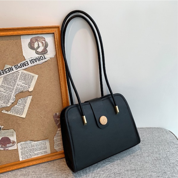 

Button Decor Shoulder Tote Bag, Black