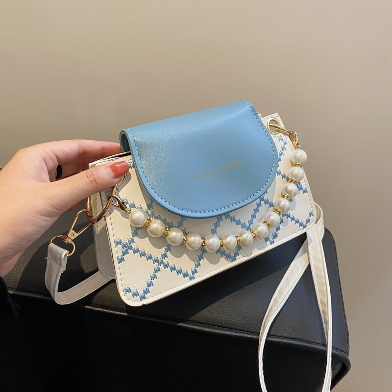 

Faux Pearl Beaded Flap Satchel Bag, Blue
