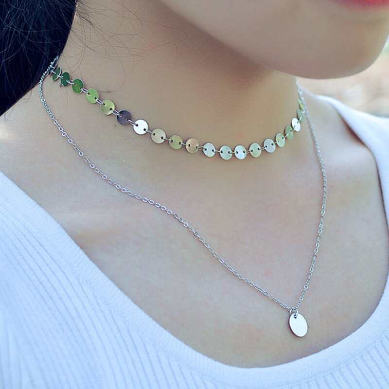 

Disc Decor Layered Chain Necklace, Silver
