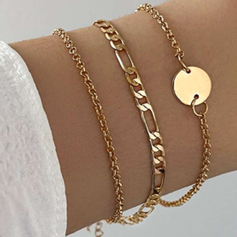 

3pcs Disc Decor Chain Bracelet, Gold