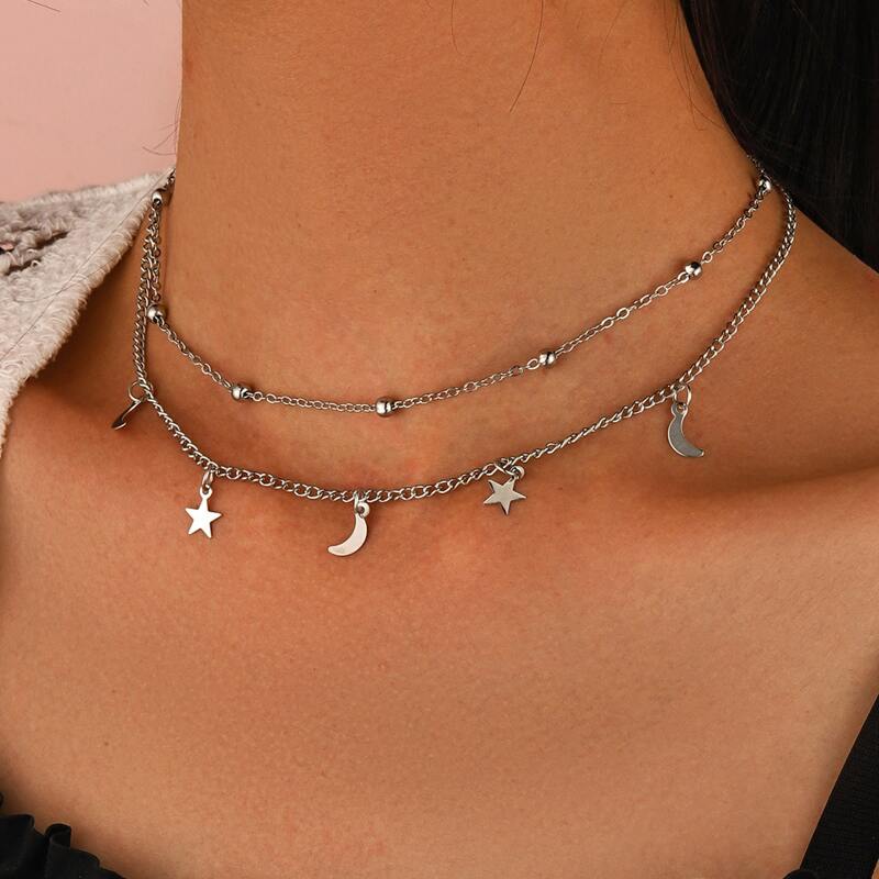 

Moon & Star Charm Layered Chain Necklace, Silver