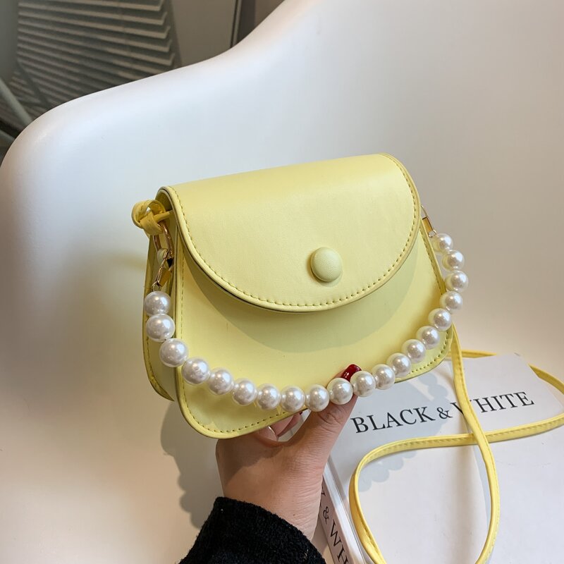

Faux Pearl Beaded Flap Satchel Bag, Yellow