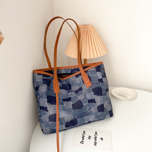 

Denim Plaid Pattern Shoulder Tote Bag, Multicolor