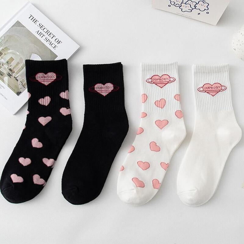 

4pairs Heart Print Crew Socks, Multicolor