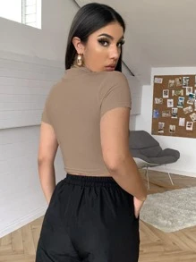 SHEIN ICON Áo thun Cắt ra màu trơn Giải trí - Cà phê nâu - Xem 2