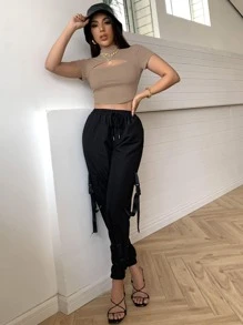 SHEIN ICON Áo thun Cắt ra màu trơn Giải trí - Cà phê nâu - Xem 4