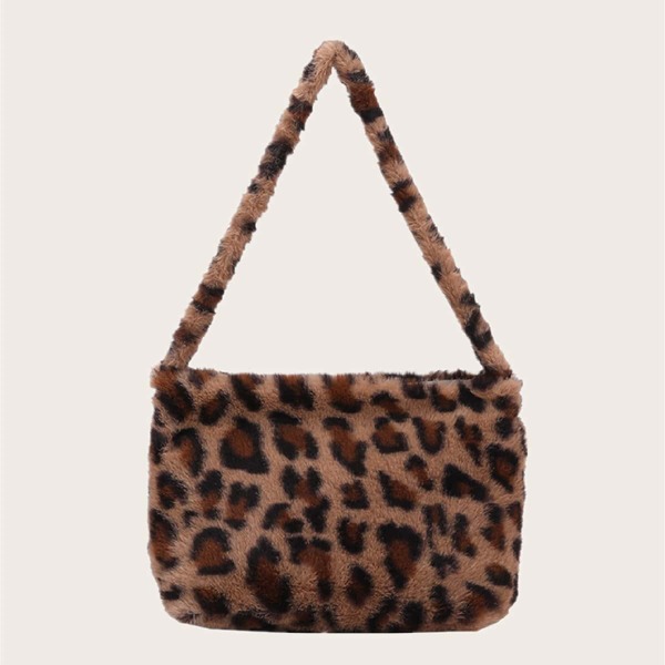 

Leopard Graphic Fluffy Shoulder Bag, Multicolor