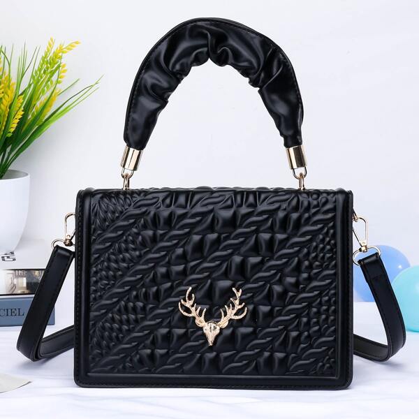 

Solid Textured Ruched Design Satchel Bag, Black
