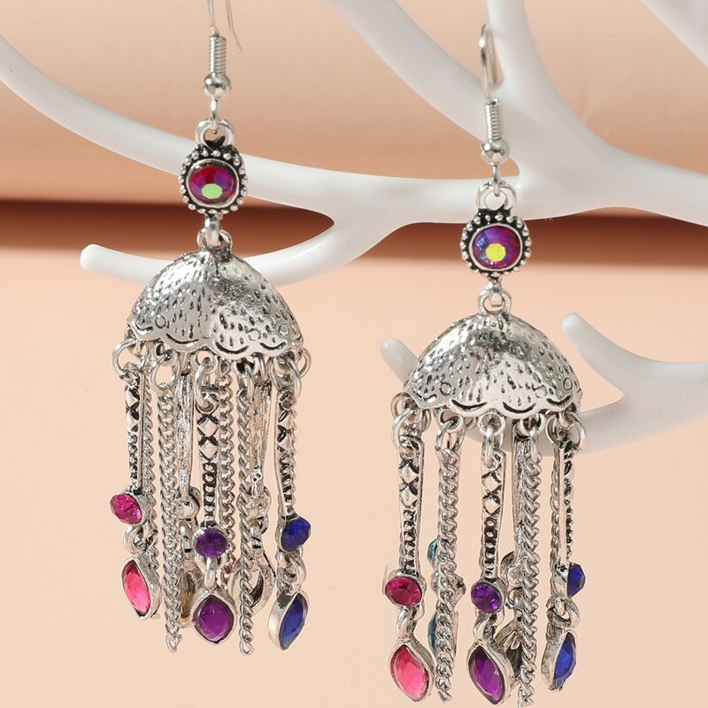 

Crystal Tassel Jhumka Earrings, Multicolor