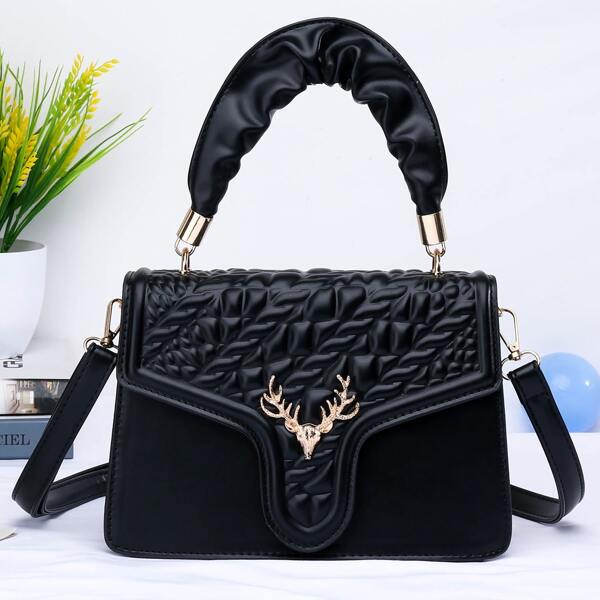 

Solid Textured Ruched Design Satchel Bag, Black
