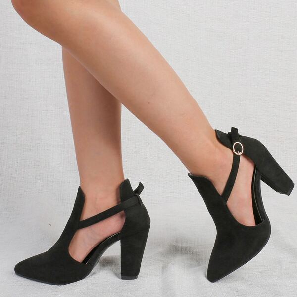 

Suede Buckle Detail Chunky Heeled Pumps, Black